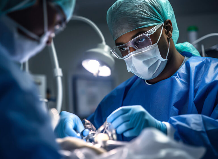 the surgeon performs an operation in protective clothing generative ai.